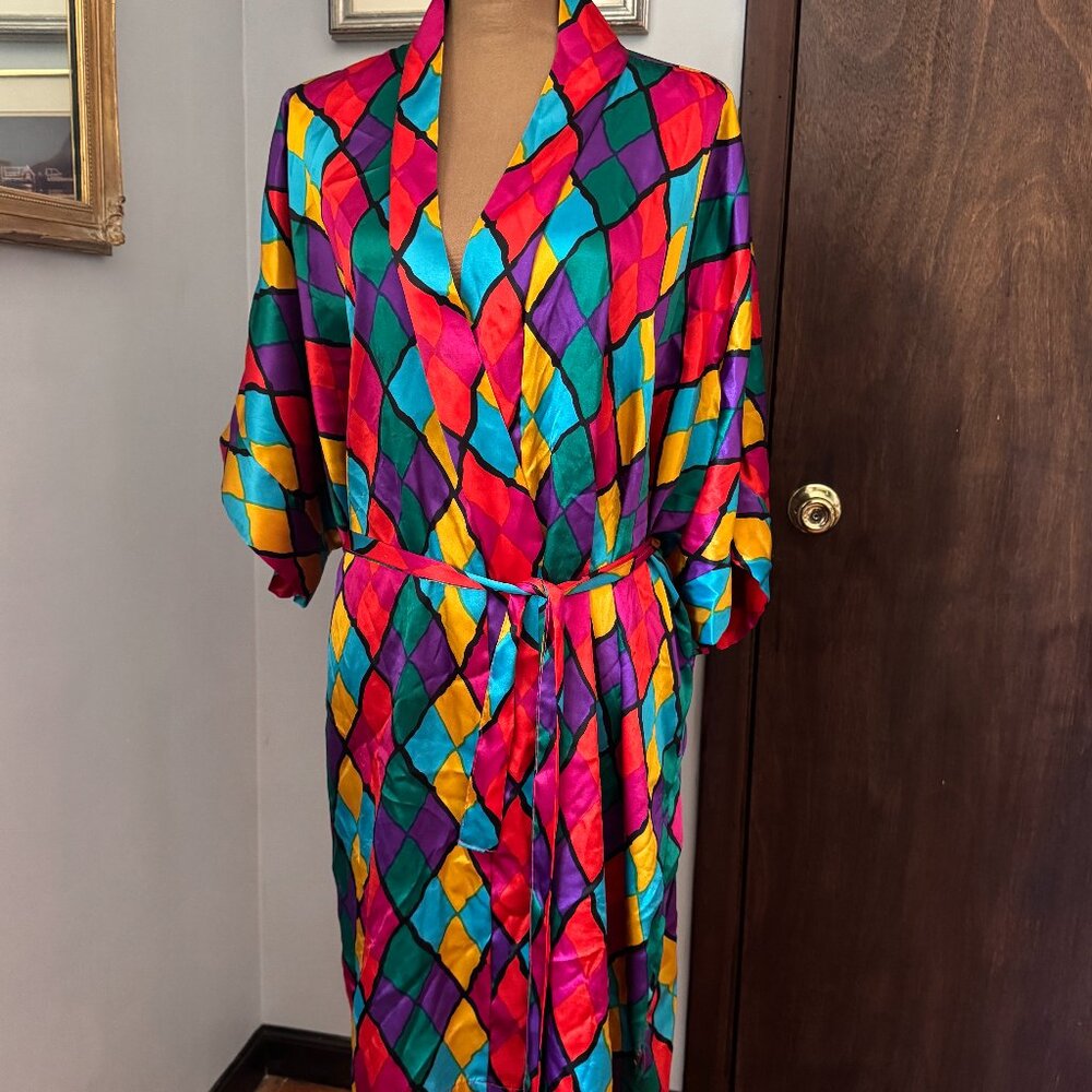 Dramatic Vintage 1980s Beth Michaels Jewel Tone Harlequin Silk Robe / Kimono